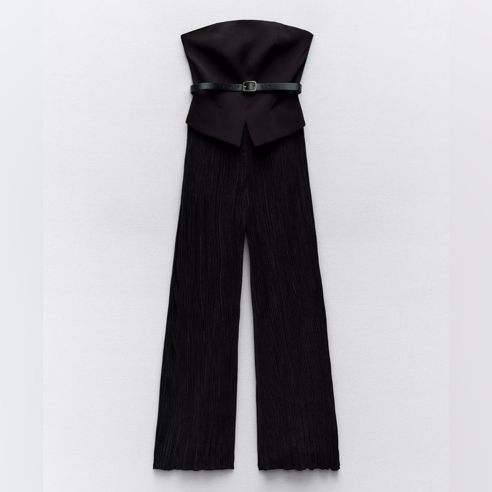 Zara Women Mixed Pleated Black Strapless Jumpsuit S